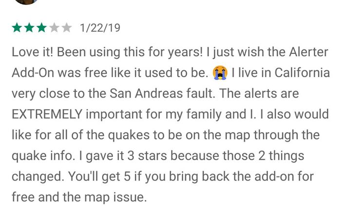 This Earthquake App Reviewer That Desperately Needs Free Notifications And Updates Done. Or Else 3/5 Stays