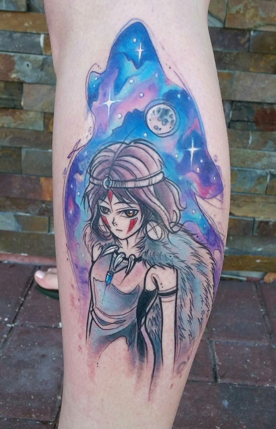 watercolor princess Mononoke and wolf tattoo on the leg