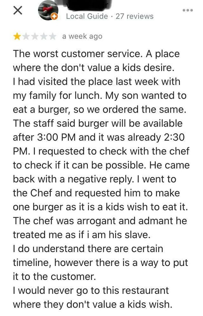 Oh, You Don’t Serve Burgers? Well My Kid Wants One! You Still Won’t? One Star Review