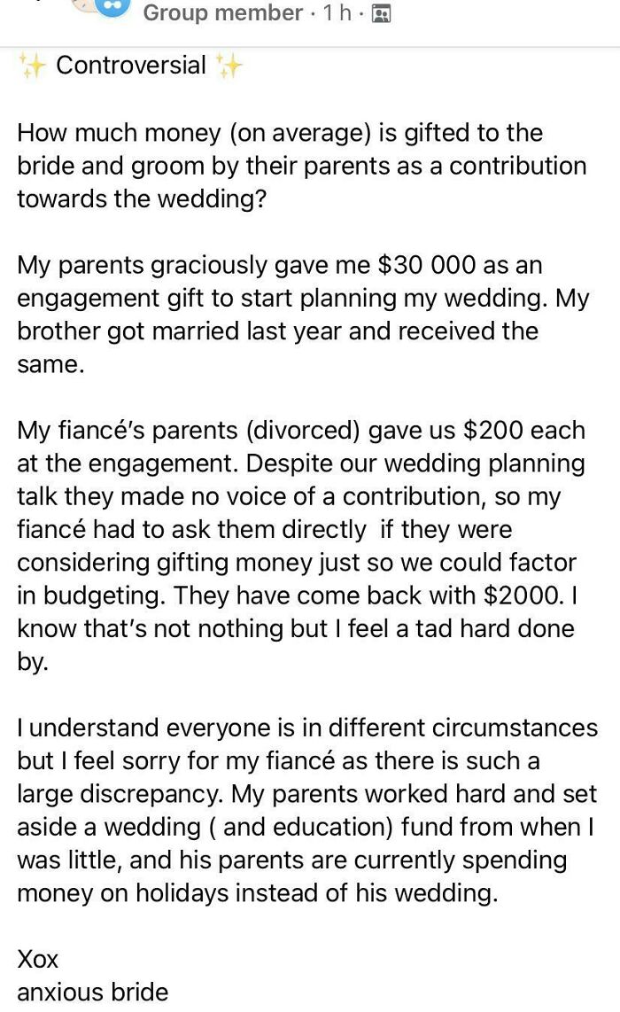 Spare A Thought For This Poor Girl Who Has Been Dealt The Injustice Of Being Gifted A Mere $32,400 For Her Wedding 😢