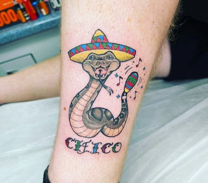 An Adorable Tattoo Of My Pet Rattlesnake Chico, Made To Look As Cute As He Looks Through My Eyes