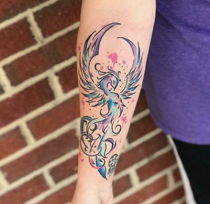 Watercolor Phoenix Done By Brookelle At Idle Hands Tattoo Emporium In Glen Burnie, MD