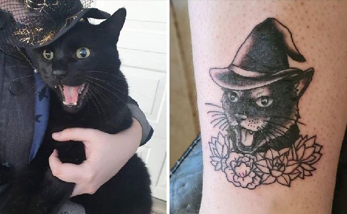 Cat wearing a witch hat tattoo 