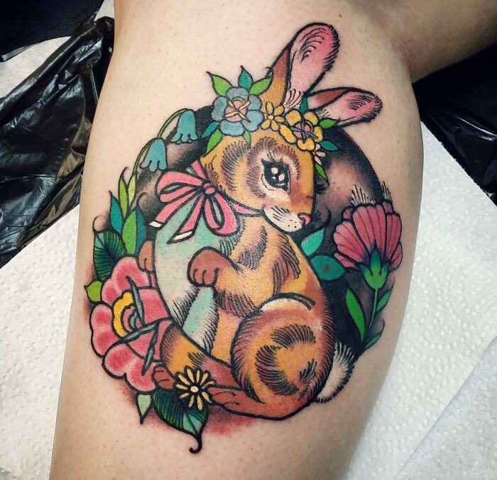 Bunny with flowers tattoo 