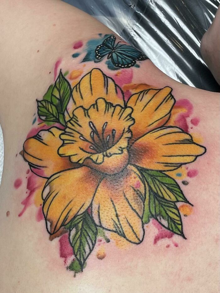 Watercolor Daffodil And Butterfly Done By Mo At Illustrator Tattoo In Elyria, OH