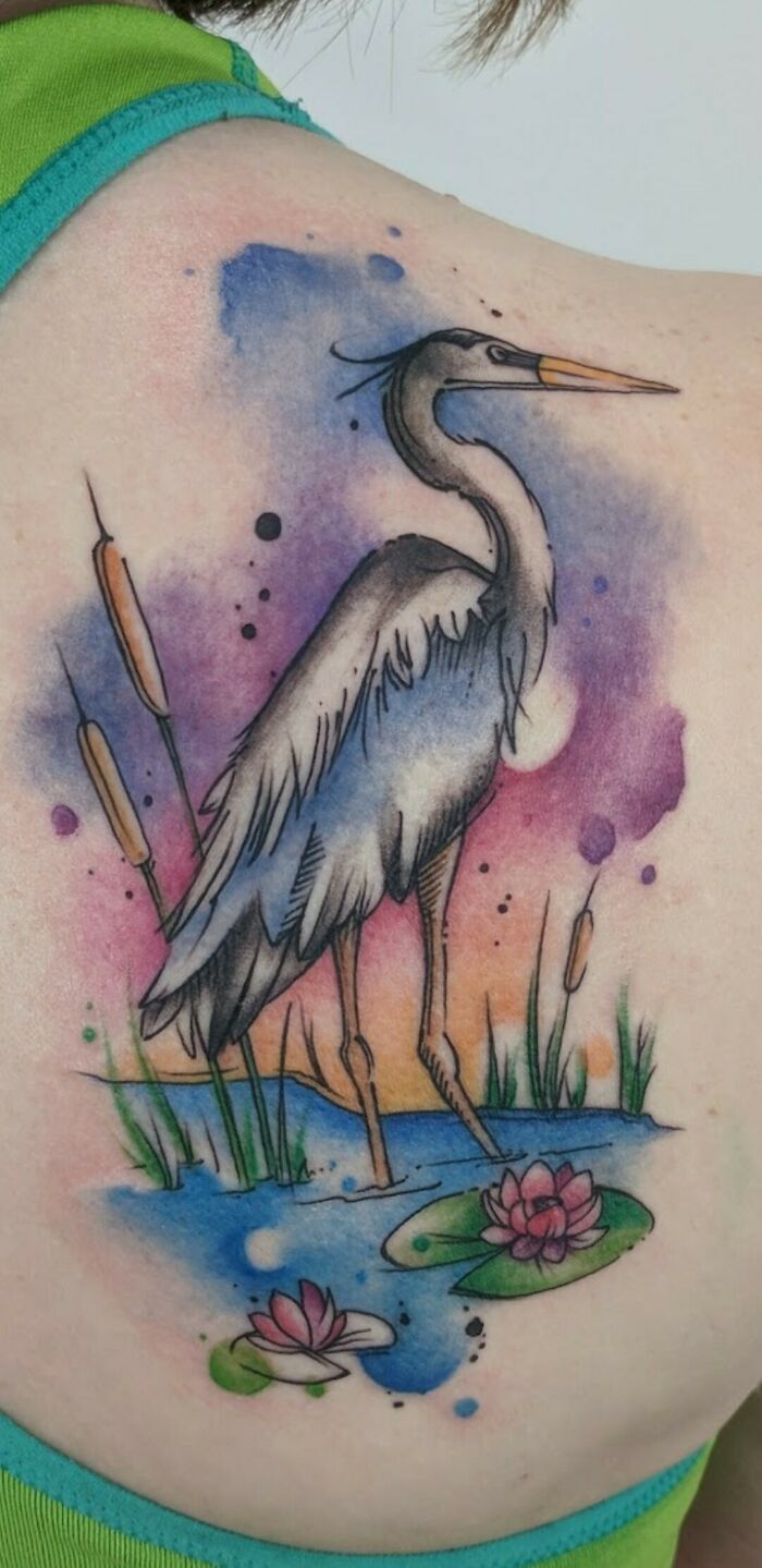 Blue Heron Watercolor By Shelly Deangio At Equinox Tattoo Collective In Gresham, OR