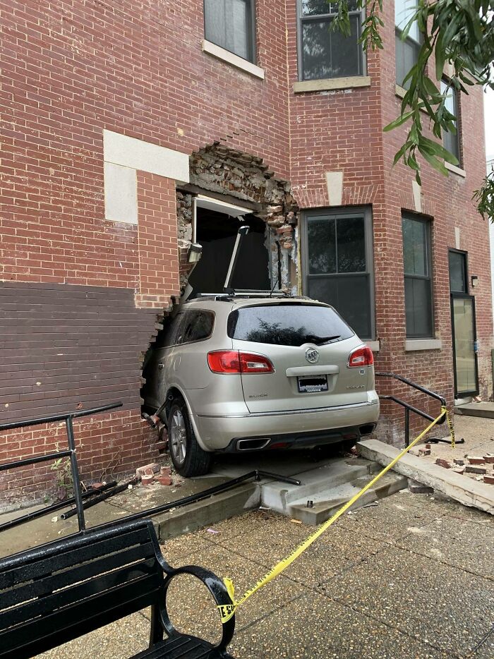 Car Gets Stolen, And The Driver Rams Through The Entrance Of A Brick Building