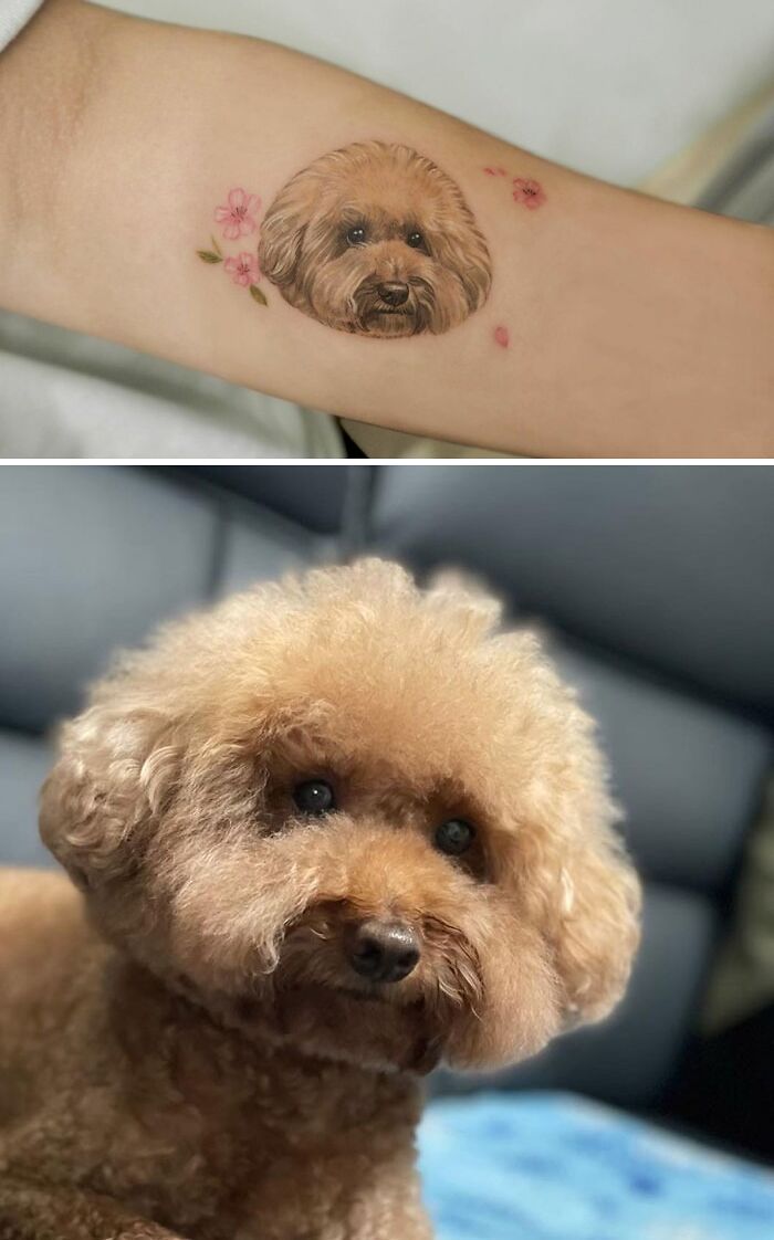 Dogs' face with flowers tattoo