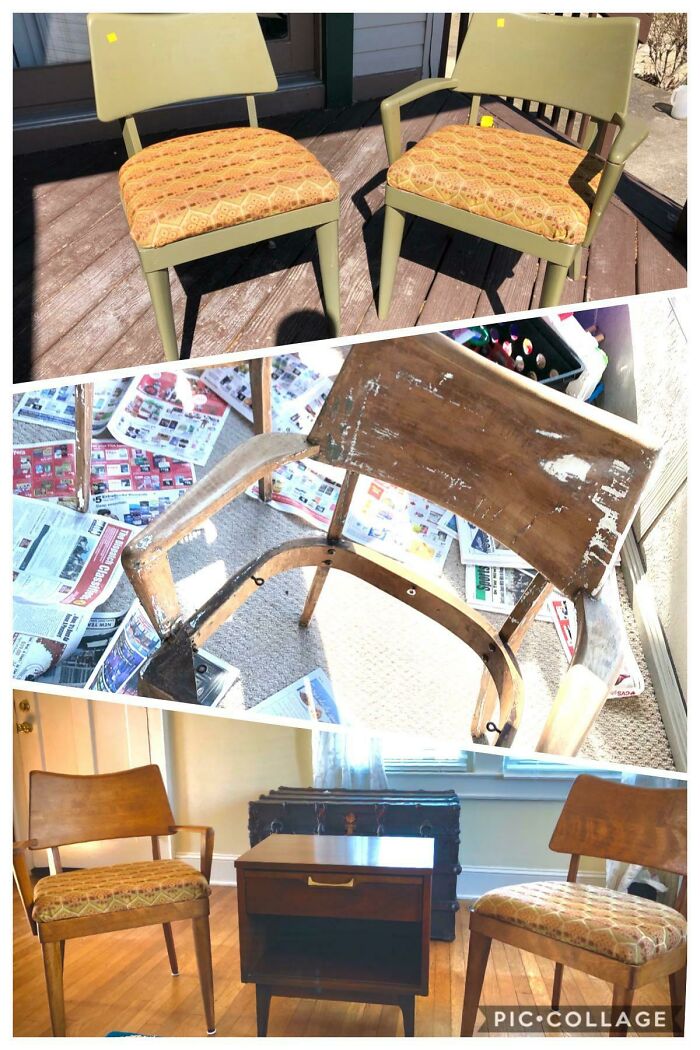 They Look Better In Person. Found 1950s Heywood Wakefield Chairs $4 Each, Slathered In Thick Green Drip Dried Paint. I Know It’s Not Their ‘Correct’ Color, But I’m Cheap, Don’t Prefer Light Wood, And They Work For Me, Plus The Wood Grain Is Cool. Total Cost Beyond Materials Already In My House: $8