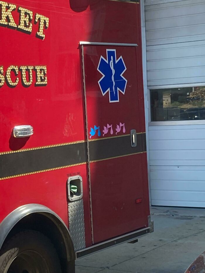 Esta ambulancia tiene calcomanías de cigüeñas en la parte de atrás por cada bebé que nació allí