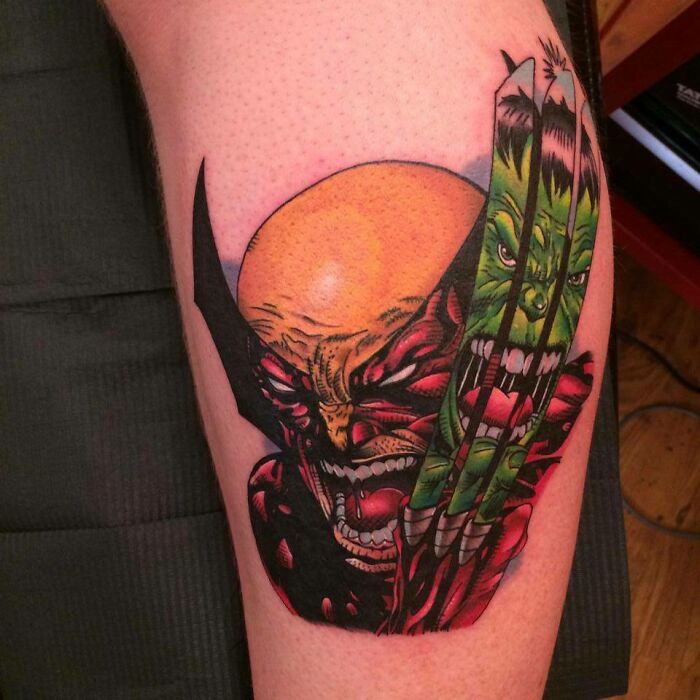 Wolverine and Hulk in the reflection of claws tattoo 