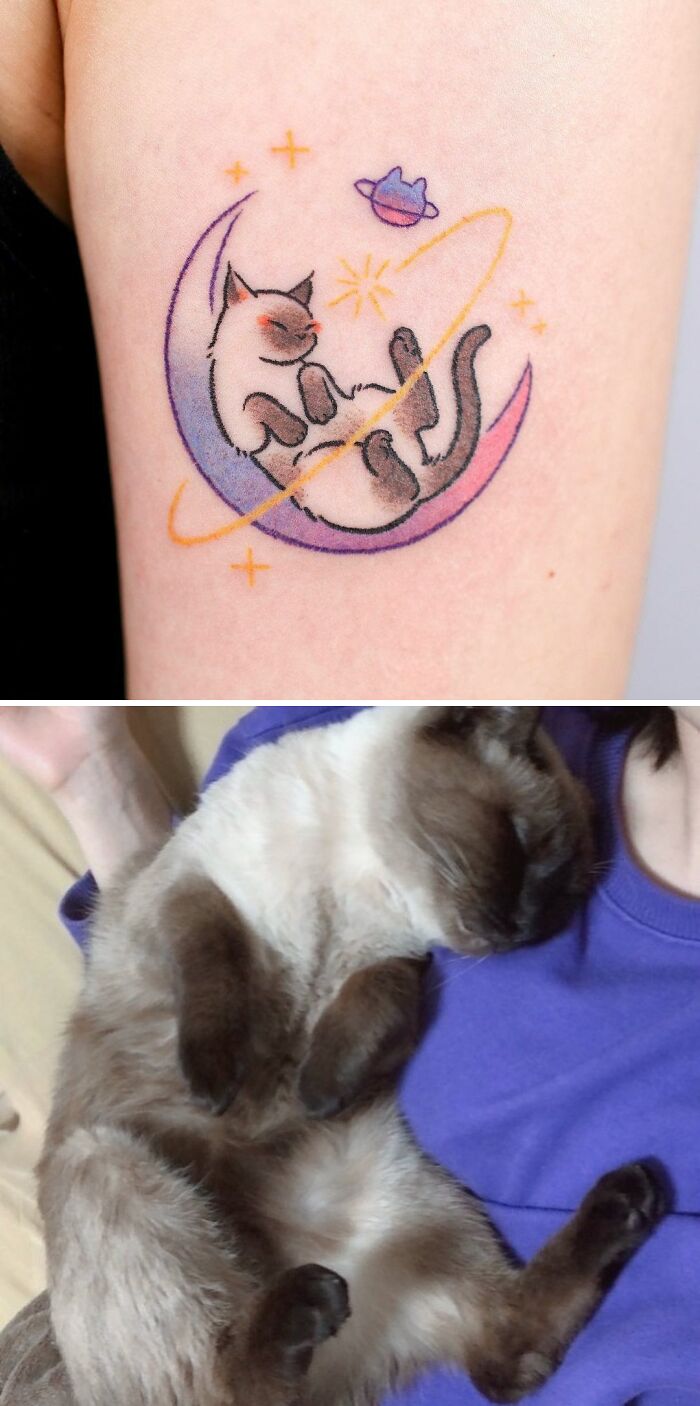 Cat resting on the moon tattoo 