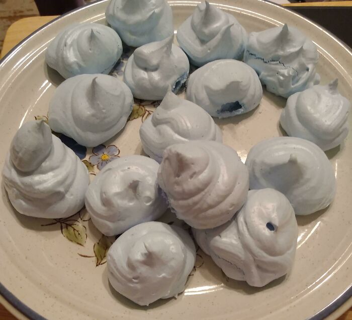 First Time Making Colored Meringue Cookies. Tasty, But My Family Said They Look Like Alien Turds