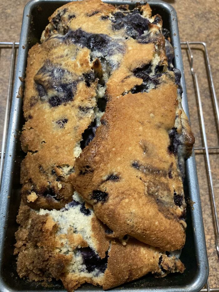 In A Groggy Stupor I Used The Wrong Pan Size, Didn’t Realize It Wasn’t Done When I Flipped It. Flipped It Back In And Baked It A Bit More, Then Birthed This Ugly Loaf. Twice Baked Blueberry Crumb Loaf/Cake