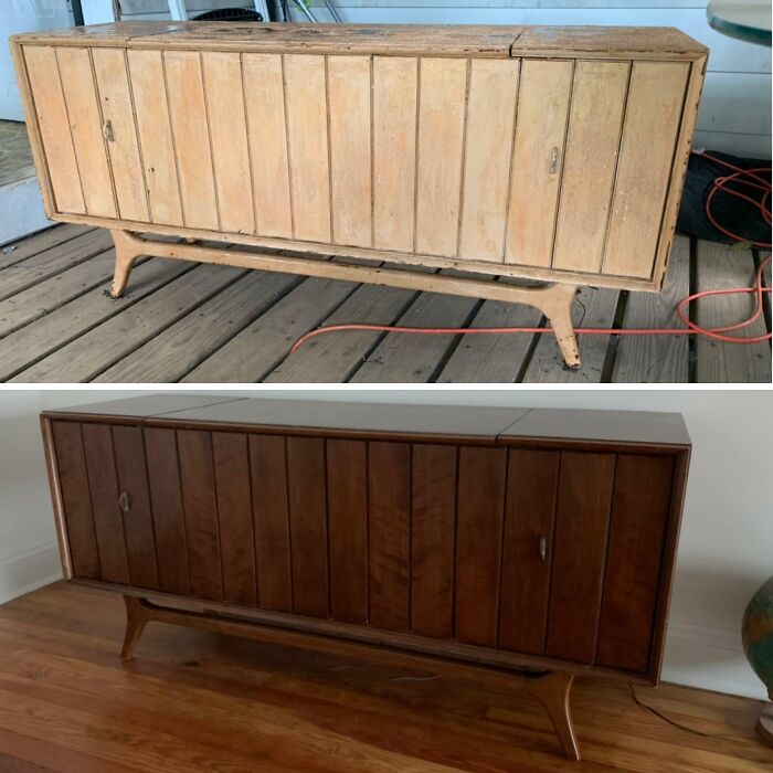 Before And After Refinishing A Painted Zenith Mid Century Record Console I Got For $25. Please Please Please Don’t Paint Nice Furniture