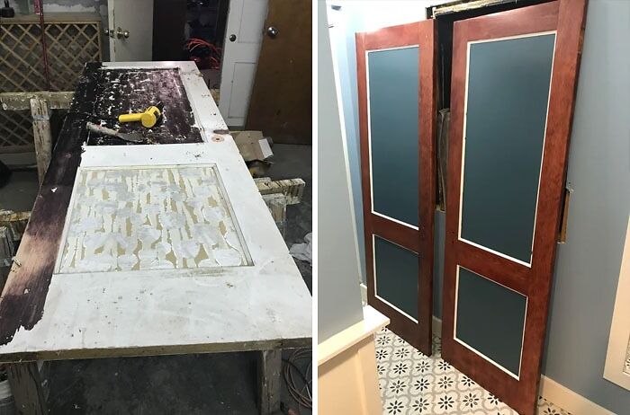 Stripped And Refinished A Couple Of Doors That Had Been Painted And Even Had Wall Paper On Them. Unfortunately The Panels Of Them Were Just Too Much Work To Try And Get To A Condition To Stain Them So We Tried A Unique Color Combination