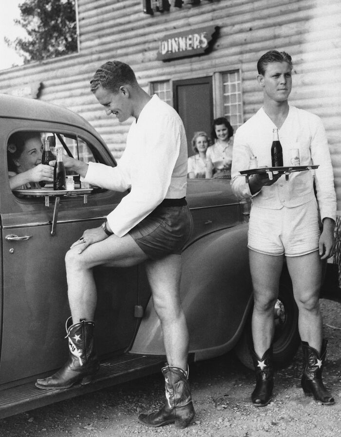 Drive-In Car Hops In Shorts And Cowboy Boots At The Log Lodge Tavern Near Love Field Airport In Dallas, Texas, 1940