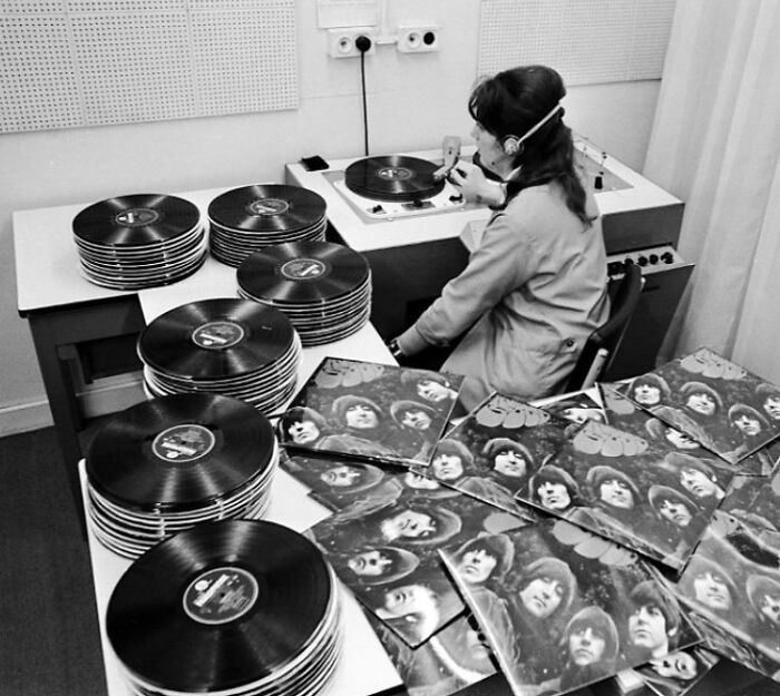Listening To Copies Of The Beatles “Rubber Soul” In The Quality Control Room At The Emi Pressing Plant In London, England, 1965