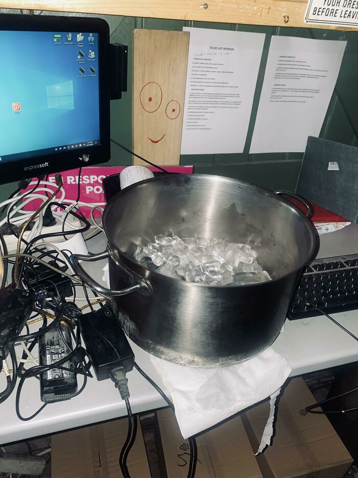 My Boss Placing A Deada*s Pot Of Ice Twice A Day On The Transformer (If That’s What It’s Called) Cus It Keeps Overheating And The Entire Pos & Internet Server Goes Down