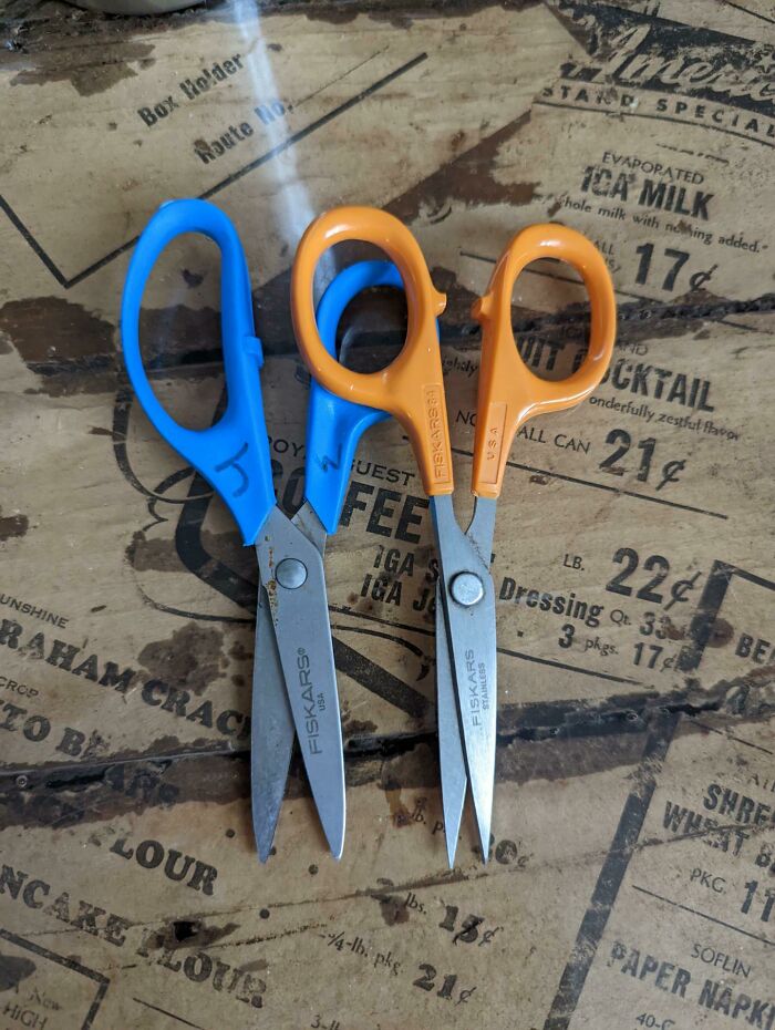 Fiskars Scissors: The Pair On The Left Have My Oldest Son's Initials On Them, Because I Bought Them For Kindergarten When He Was 5. He Will Be 40 This Year. The Ones On The Right Were Bought For Crocheting Holiday Gifts In 1990