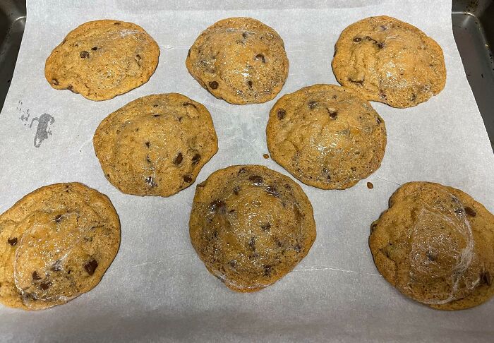 I Made Cookies And Wondered What The “Film” Was Over Them. Upon Closer Inspection Realized I Forgot To Take Off The Plastic Wrap Before I Popped Them Into The Oven