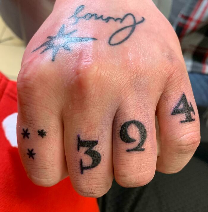 Harry Potter-themed tattoo featuring symbols and numbers on fingers for wizarding world fans.