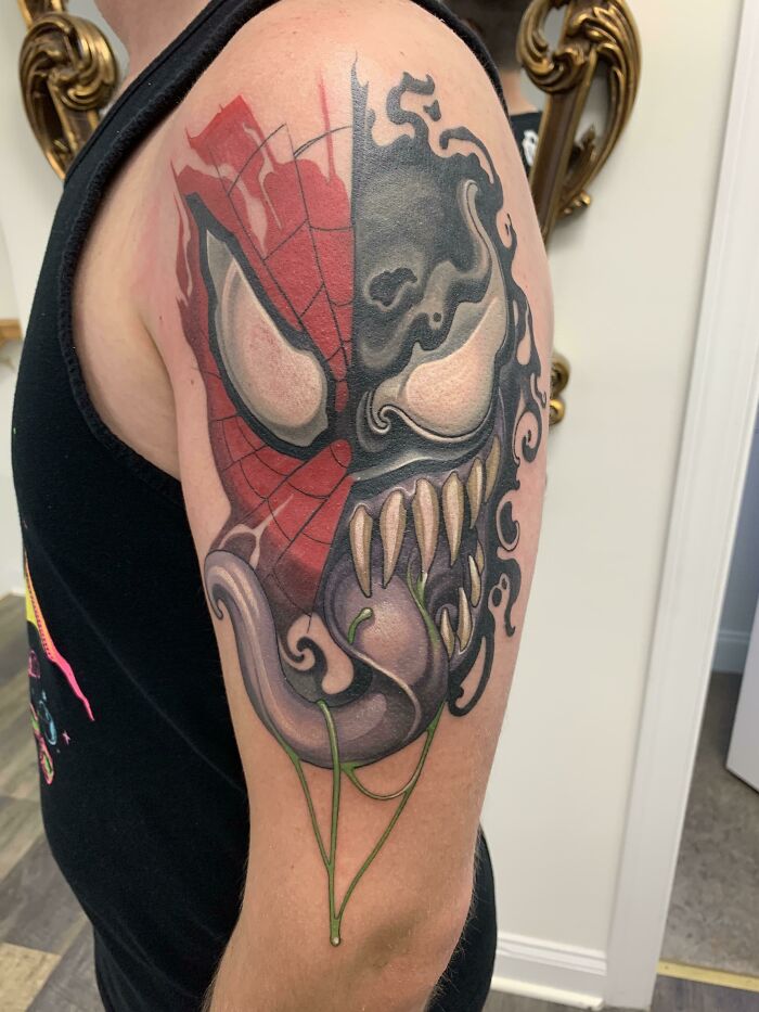 Spidey, Venom Tattoo By John Tarrao Of Stone’s Throw Tattoo & Gallery