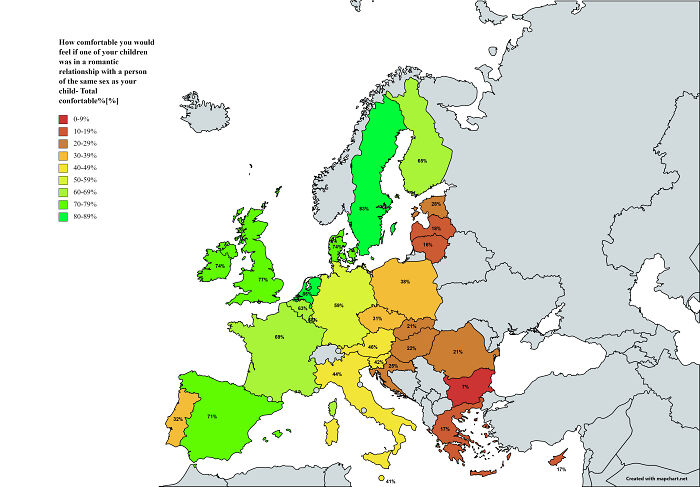 Share Of People In Eu That Would Be Comfortable With Their Child Having A Romantic Relationship With A Person Of The Same Sex