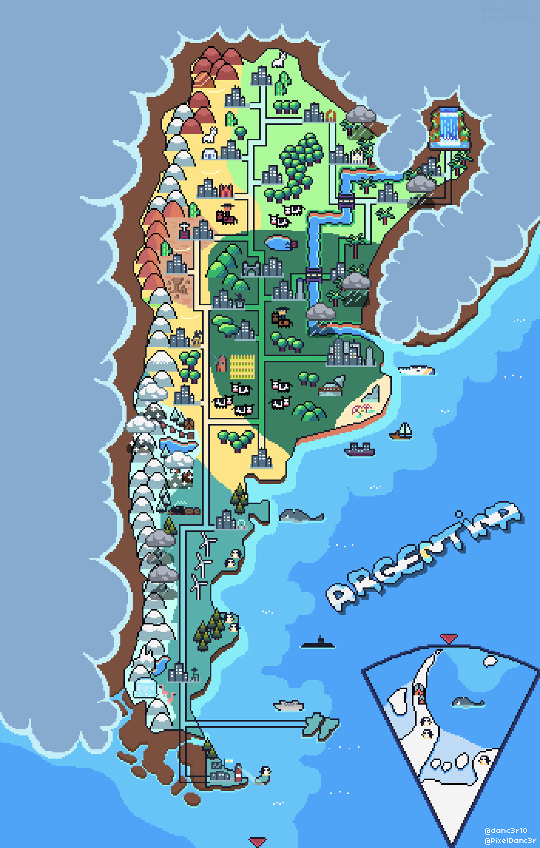 Mapa de Argentina hecho con píxeles