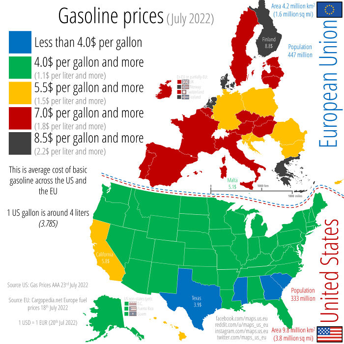 Average Cost Of Basic Gasoline Across The Ue And The Eu In July 2022. 1 Us Gallon Is Around 4 Liters (3.785). 1 Us Dollar Costs 1 Eu Euro In July 2022 🇺🇸🇪🇺