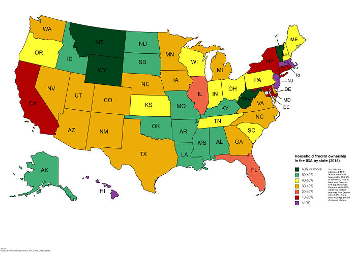 Household Firearm Onwership In The USA By State. Made By Me. Source In The Picture. Personally, I Would've Expected It To Be Higher