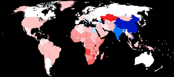 Sex Ratio By Country For Population Aged Below 15. Red = More Girls, Blue = More Boys
