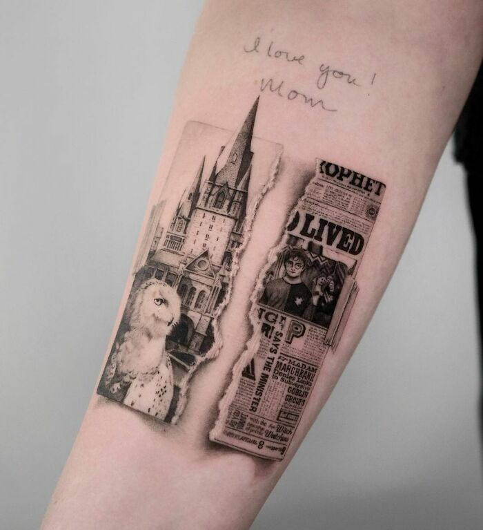 Harry Potter tattoo featuring Hogwarts, Hedwig, and a newspaper on an arm with handwritten text above.