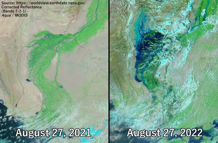 The Insane Scale Of The Ongoing Pakistan Floods Visualized - Sindh Province Comparison August 27, 2021 vs. August 27, 2022