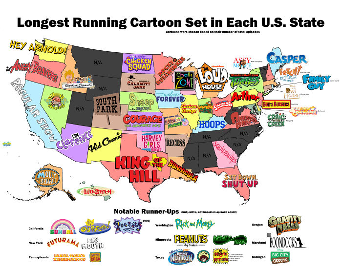 Longest Running Cartoon Set In Each State (Based Off Of Number Of Episodes)