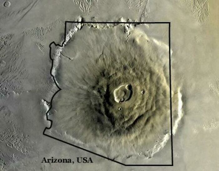 Olympus Mons Volcano On Mars Compared To The State Of Arizona