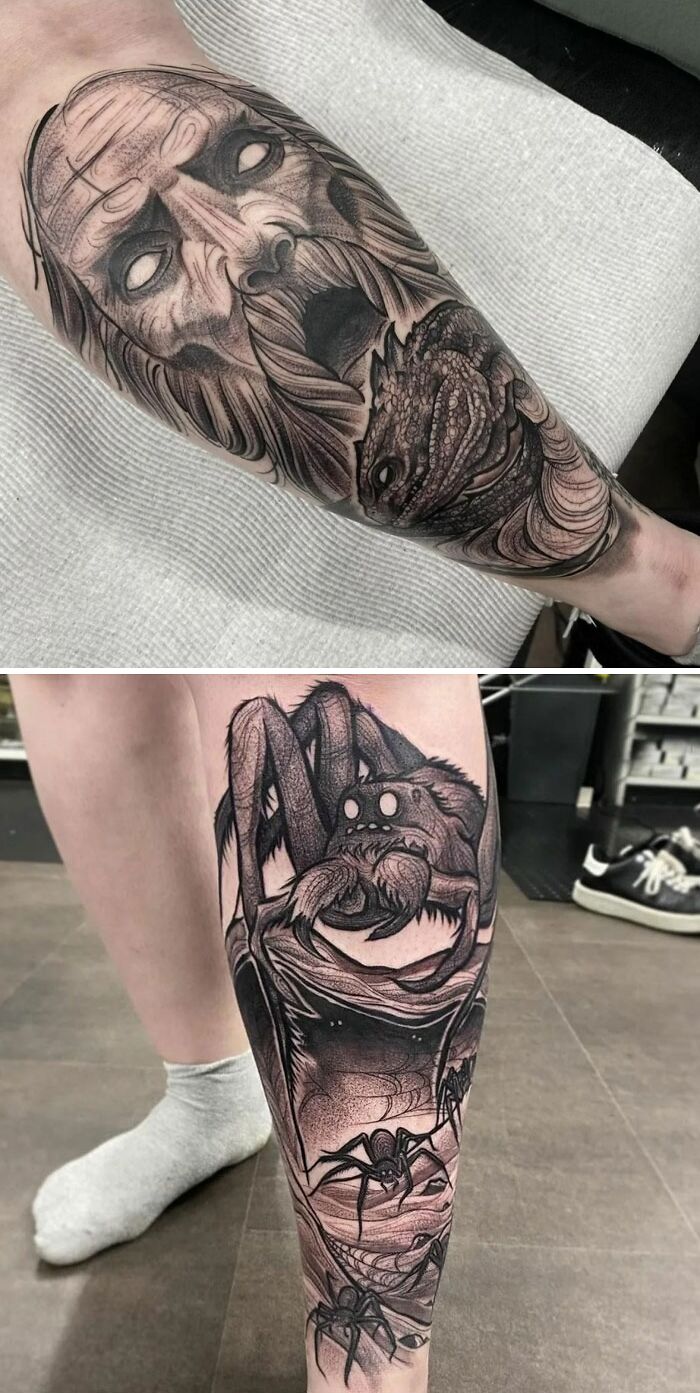 My Basalisk And Aragog Tattoos That Is Going To Come Into A Leg Sleeve