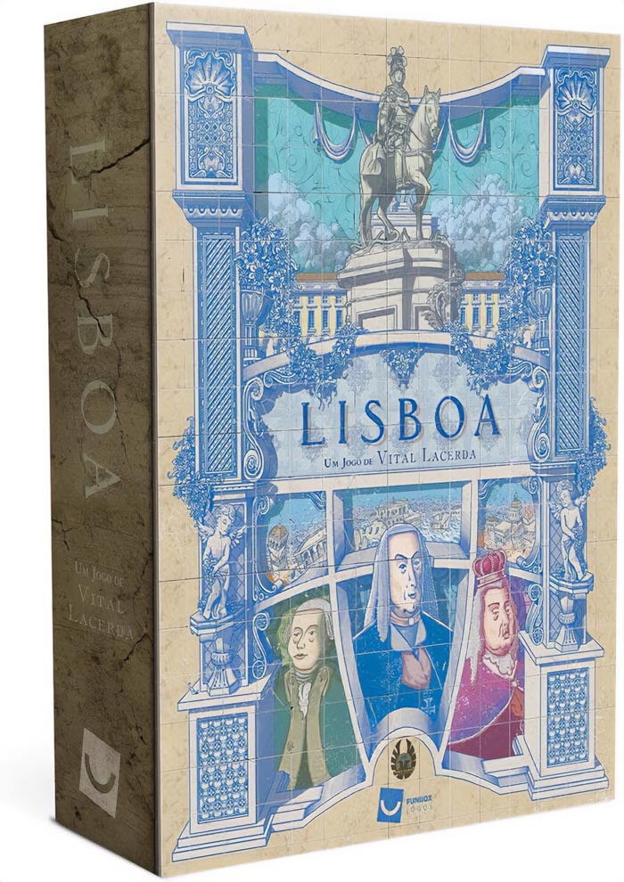 Lisboa strategy board game box with intricate blue and beige artwork featuring historical figures and a statue on horseback.