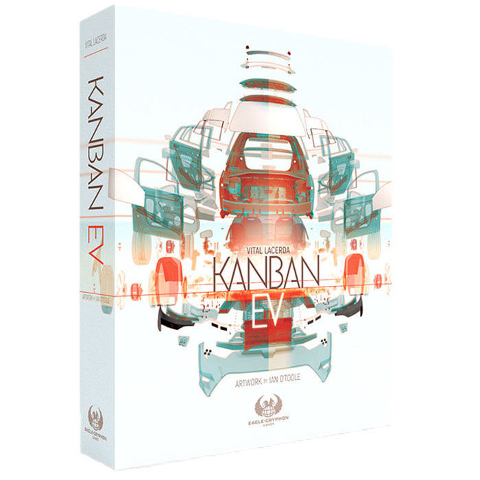 Kanban EV strategy board game box with futuristic car design and abstract mechanical elements on white background.
