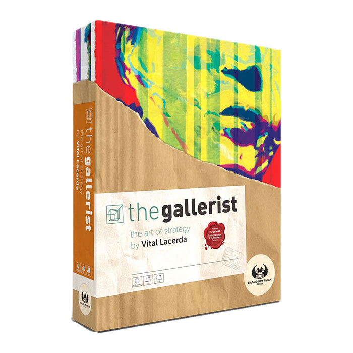 The Gallerist strategy board game box with colorful abstract art by Vital Lacerda, ideal for long cozy evenings.