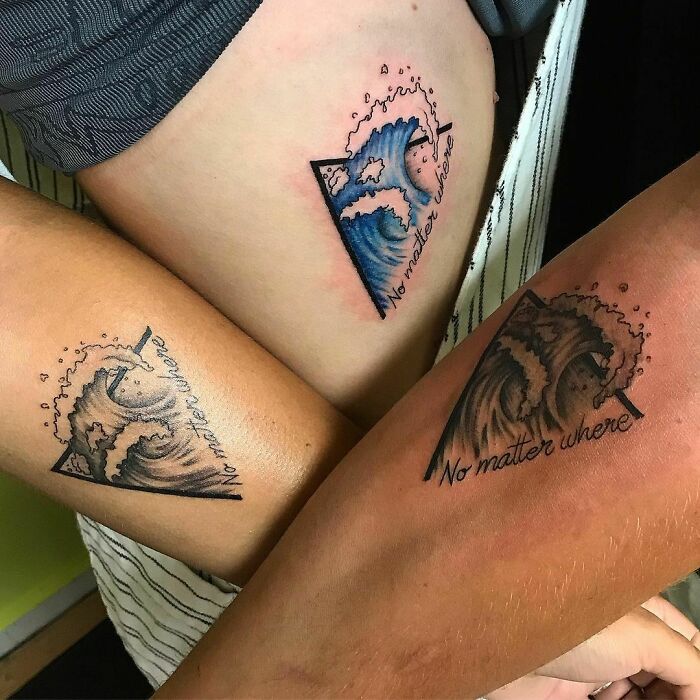 Wave in triangle matching tattoos
