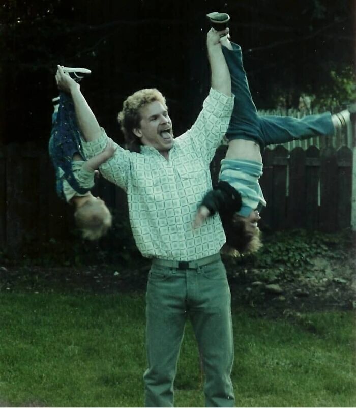 Your World May Be Upside Down But That Doesn’t Mean You’re Not Okay.⠀⠀⠀⠀⠀⠀⠀⠀⠀i Know I’ve Mentioned This Before, But From Right To Left This Is Me, My Dad, And My Brother In Roughly 1988, And This Photo Is The Reason Why There’s A Page On Instagram Where I Make Dick Jokes Underneath Pictures Of Dads