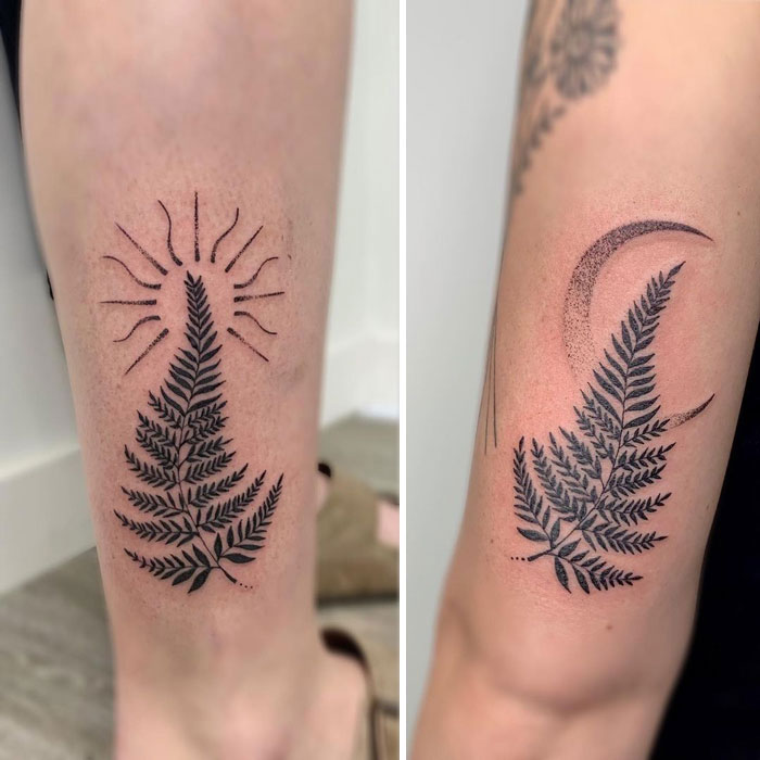 Fern leaf tattoos with sun and moon symbols, perfect for best friend tattoos.