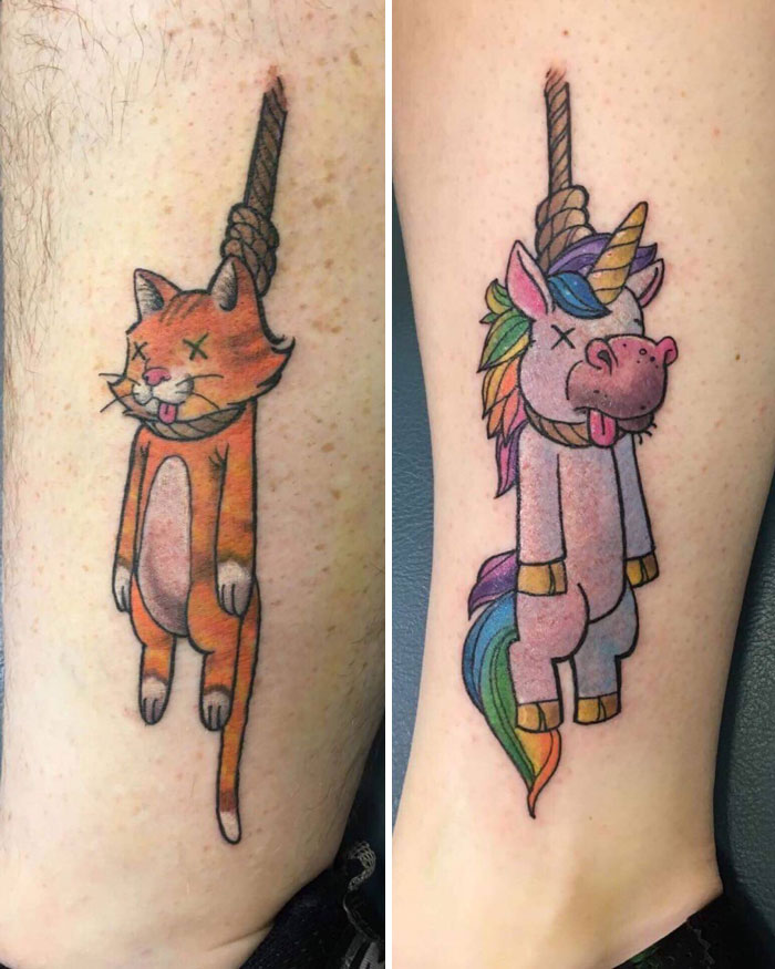 Matching cat and unicorn best friend tattoos