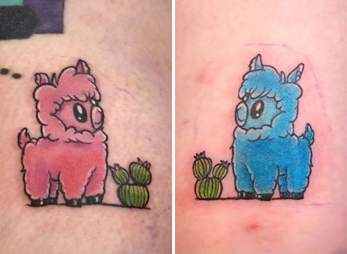 Two matching pink and blue llama tattoos