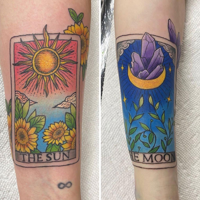 Best friend tattoos featuring tarot cards of the sun and moon, symbolizing balance and friendship.