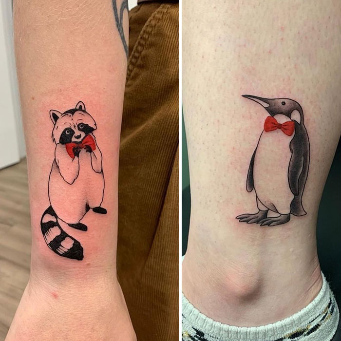Best friend matching raccoon and penguin tattoos