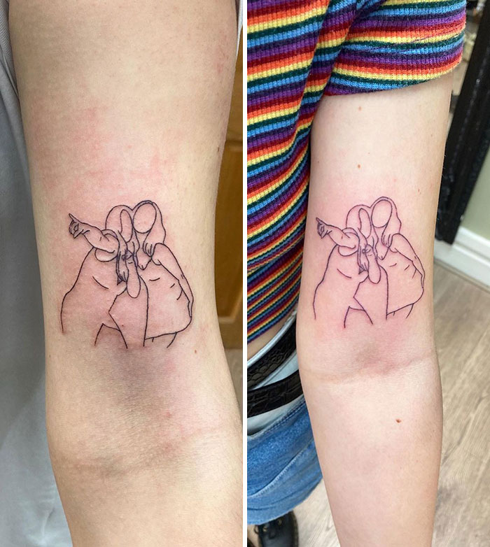 Matching best friend tattoos on forearms depicting two people posing together, symbolizing friendship.