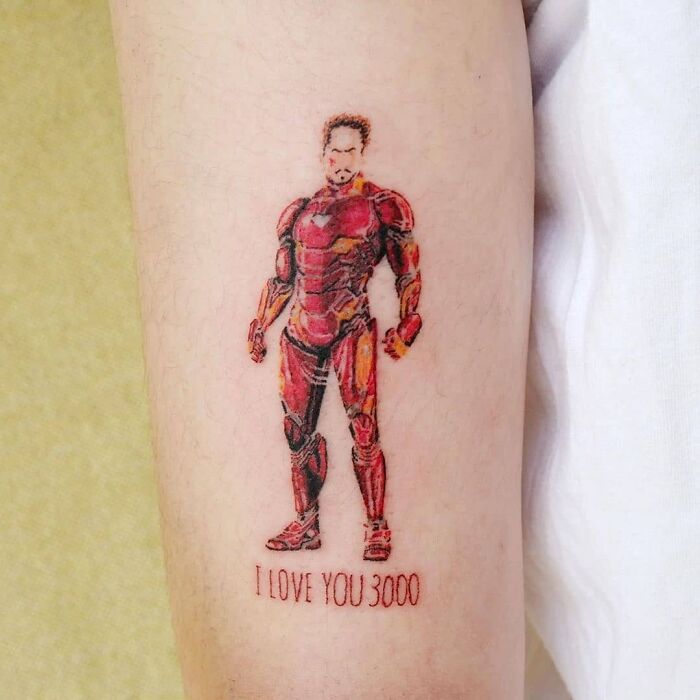 Iron Man and "I love you 3000" sign tattoo