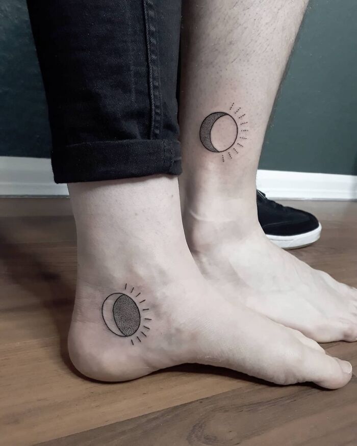 Sun and moon matching ankle tattoos